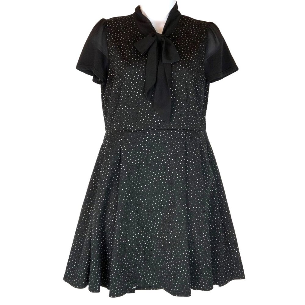 Smak Parlour Black Polka Dot Dress With Bow Tie Neck Size Medium Fit Flair